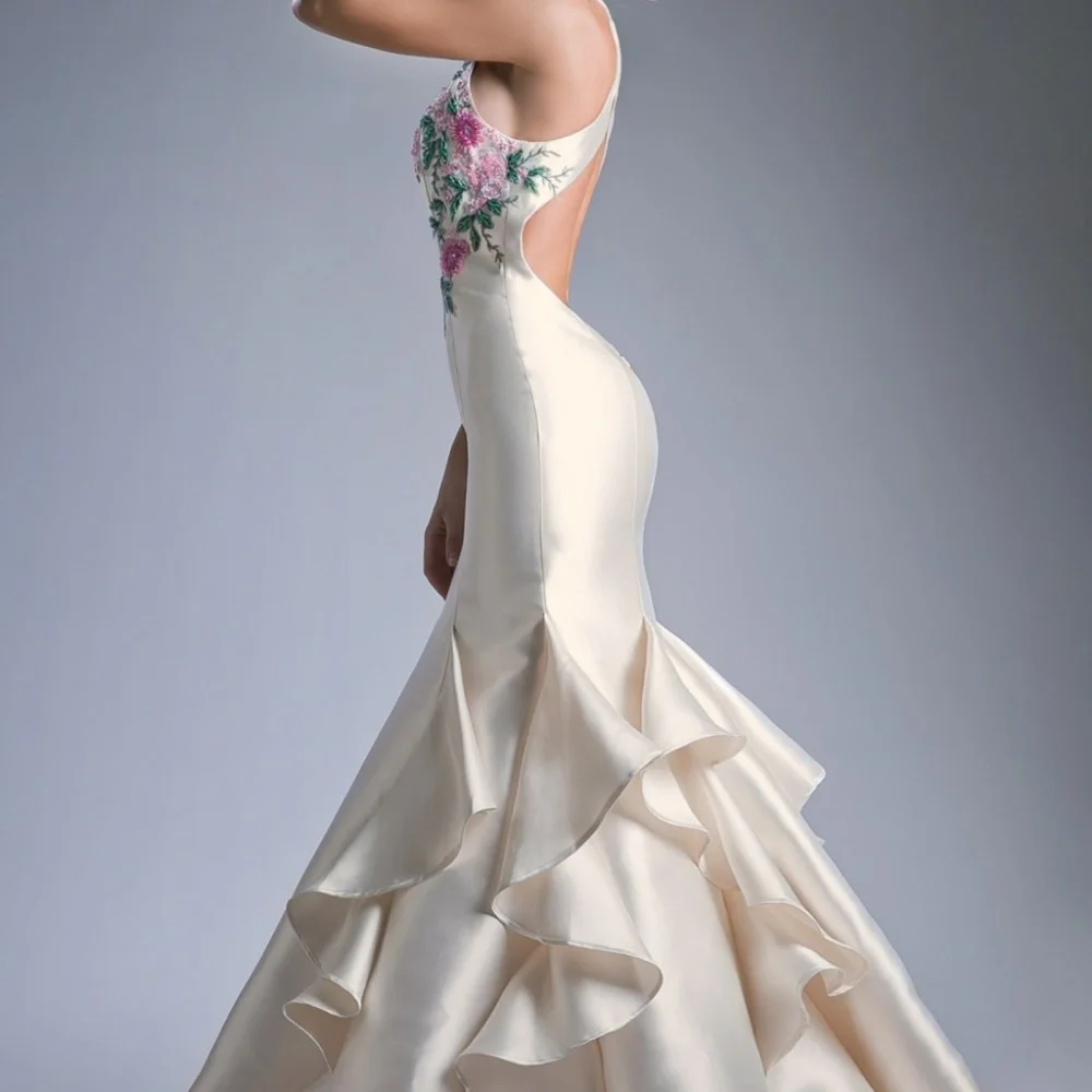 Halter Neckline Backless Cream Long Dress CD83830_3